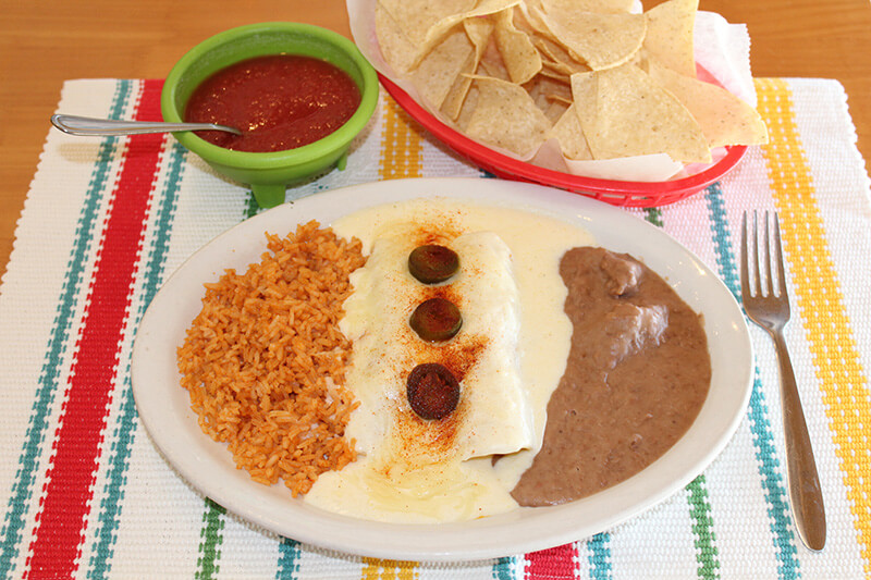 Burrito California with refried beans and mexican rice